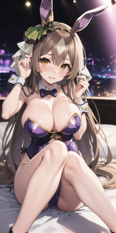 masterpiece, highest quality, close, Face shot, (Umamusume),((Purple Bunny Girl))、sit、Leg spread、semen、Mansuji、On the bed、Low - Angle、(((Big Breasts)))、Nightclub、Embarrassed、1st from the bottom.3