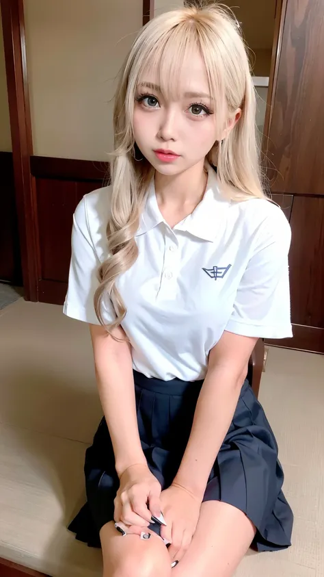 Heavy makeup,blonde,Japanese,White collared shirt, tie, Pleated skirt, Micro Mini Skirt, loafers,Sitting,Crossing your legs、Look Viewer、Photorealistic:1.3、