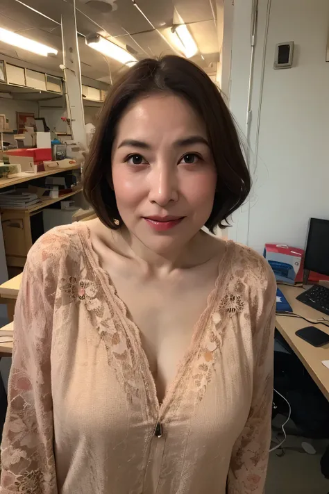 Japanese Workplace、bra、highest quality,Japanese ,Realistic characters, figure, Super detailed, finely, High resolution, Detailed and beautiful eyes,Ridiculous Underwear, Center of chest, Natural color lip, Sexy pose,smile、40 year old girl,Short Hair 、Cowbo...