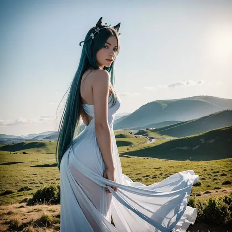 ((masterpiece, best quality)),(illustration),(detailedlight),((anextremelydelicateandbeautiful)),1girl,GodolphinArabian,long hair,blue hair,green eyes,horse ears,horse girl,hair_ornament,white dress, bare shoulders, ,sleeveless,evening dress,long dress,out...
