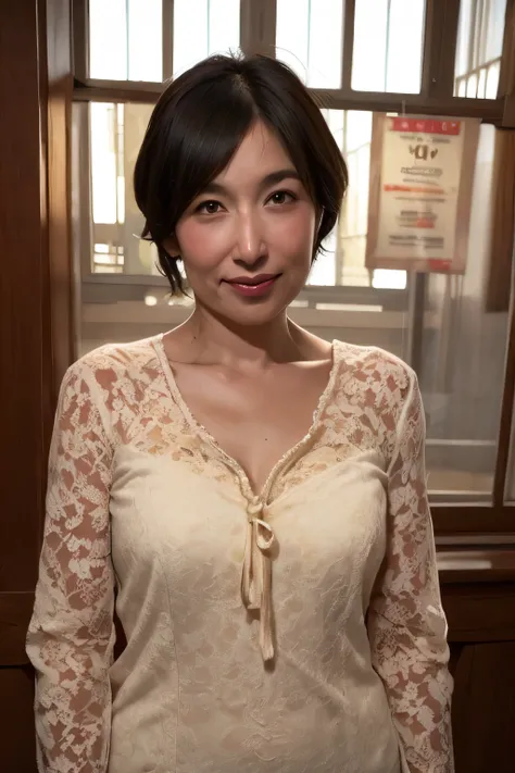 Japanese Workplace、racy lingerie、highest quality,Japanese ,Realistic characters, figure, Super detailed, finely, High resolution, Detailed and beautiful eyes,Ridiculous Underwear, Center of chest, Natural color lip, Sexy pose,smile、40 year old girl,Short H...