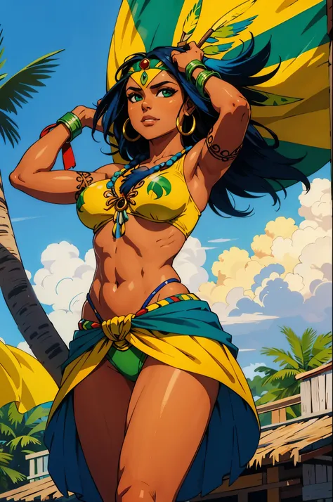 Native Brazilian Indigenous Woman Brazilian superhero Brazilian Indigenous clothing Green yellow and Blue clothes Flag of Brazil