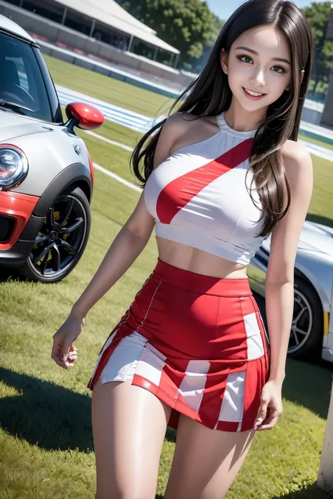 (((One Shoulder Mesh Girls Clothing))),(((Dynamic poses))),(((Mid-abdomen peek))),(((Show under chest ))),(((Red and White Mini Skirt Lift))),(((Bare inner thighs))),(((Formula One car on display))),ulzzang-6500-v1.1, (original photo:1.2), (Photo-realistic...