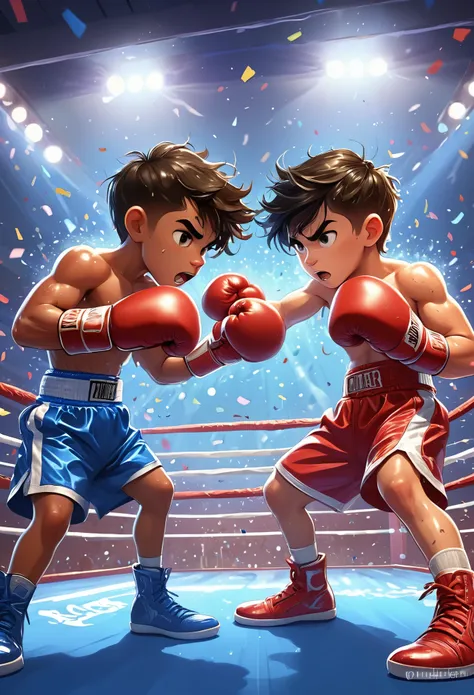 a cartoon image of two boys boxing in a ring, drew tucker（drew tucker）digital rendering of, cg social hotspot, process art, boxi...