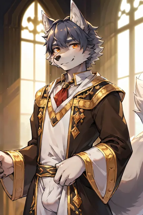 ((Masterpiece, ultra-high definition, ultra-detailed, 8K)), ((male wolf boy:1.5)), anime style, about 20, good looking, white skin, ((Aristocratic costume,, smiling at the viewer, : 1.2)), twink, skinny, raised sexy, full body, The Great Hall of the Castle...