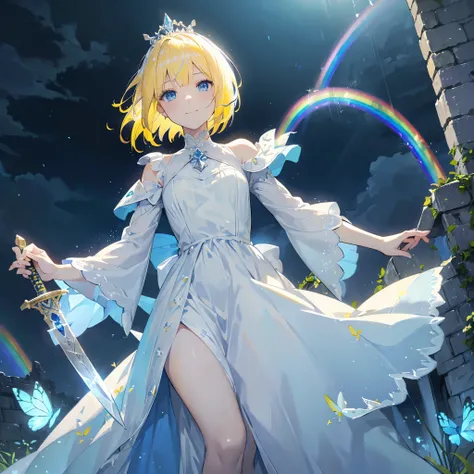 ((Yellow Hair　Short Bob　blue eyes　Blue and white dress　Lonely　A rainbow appears))　((Pull the sword from the stone like King Arthur　Small Tiara　Big Sword　smile　white butterfly))　(Inside an abandoned castle　Ivy　Kindness)　bright　rain　plant　tears