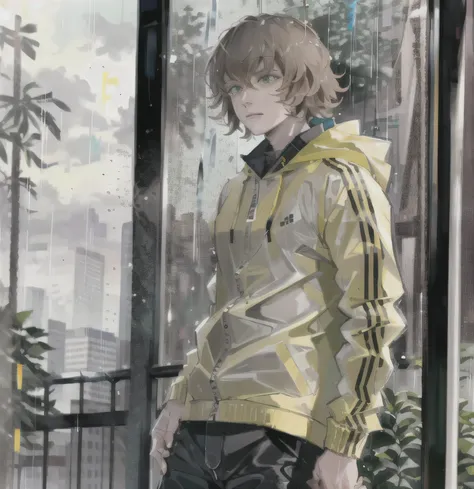 Young man, brown hair, curly hair style, medium hair, blue eyes, yellow rain jacket, black pants, in the rain, rain city, grey sky, detailed, 4k, masterpiece,