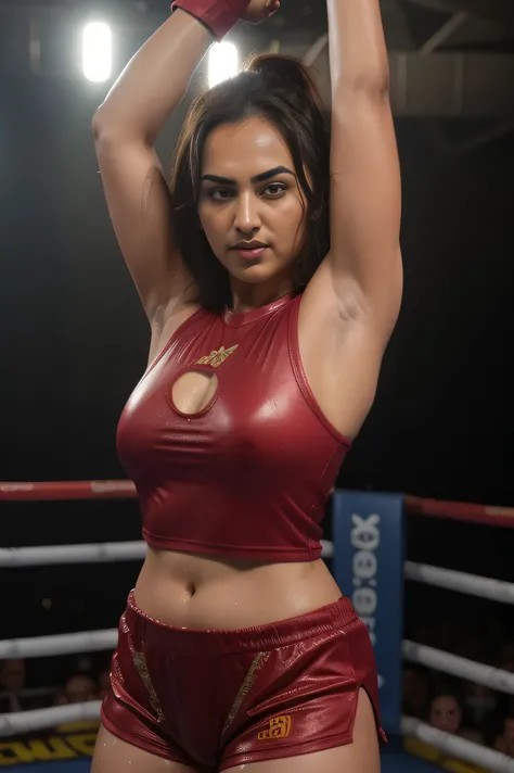 Looks like Sonakshi Sinha,wearing boxing gloves,amber boxing gloves,boxing ring,sweaty,tired,exhausted,arms raised,both arms up,boxing gloves on both hands, intricate details, (ArtStation:1.2),armpits,sweat,sweaty,sweaty armpits,arms up,showing armpits,awe...