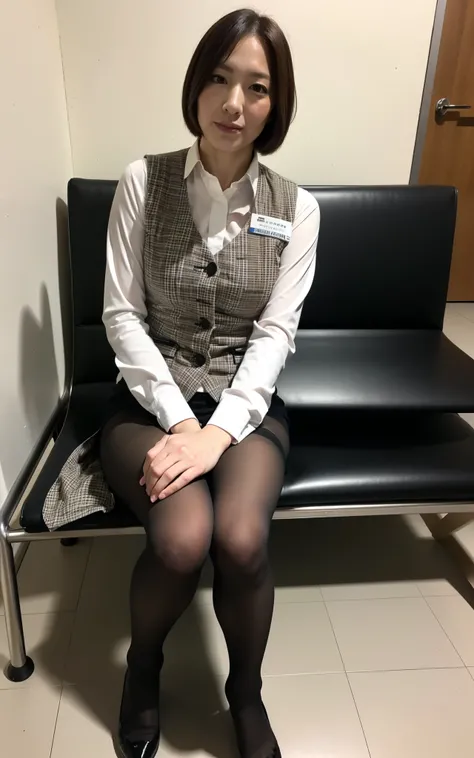 (RAW photo:1.2), (Photoreal), (genuine:1.4),１milf, perfect anatomy, 40 years old, look at the viewer, medium hair, Plaid vest, ((sit on the bench:1.0)), (super realistic pantyhose:1.2), (business services), indoor