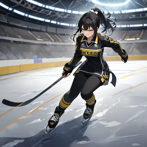 a woman wearing black ice hockey uniform with yellow letters on the uniform, walking on the icy floor of the ice hockey arena, closed stadium, illuminated place, ice hockey boots, long black hair, ponytail hair, white bow on hair, yellow eyes, full body, s...