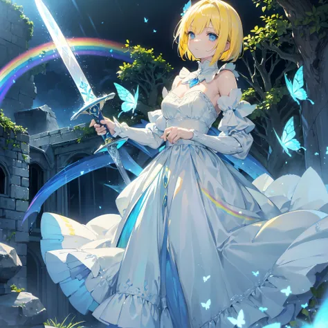 ((Yellow Hair Short Bob blue eyes Blue and white dress Lonely A rainbow appears)) ((Pull the sword from the stone like King Arthur white butterfly)) (Inside an abandoned castle Ivy Kindness) bright rain plant tears