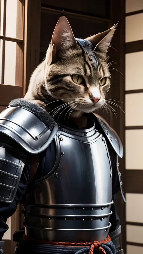 Cat wearing Japanese armor、(((whole body)))、high resolution、(((Wearing a helmet and holding a sword)))、