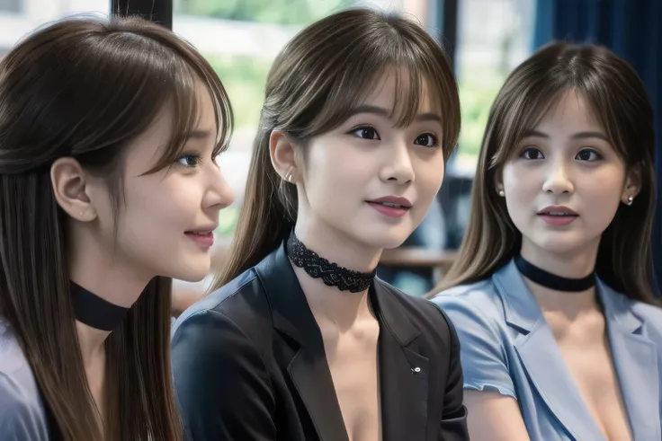 最high quality, masterpiece, ((Group of young Japanese businesswomen discussing at a meeting, collaborative, Bright lighting, Morning sunlight, Corporate event photography), Swetha、Light blue uniform、high quality、Photorealistic、healthy、Smiling face、Slim and...