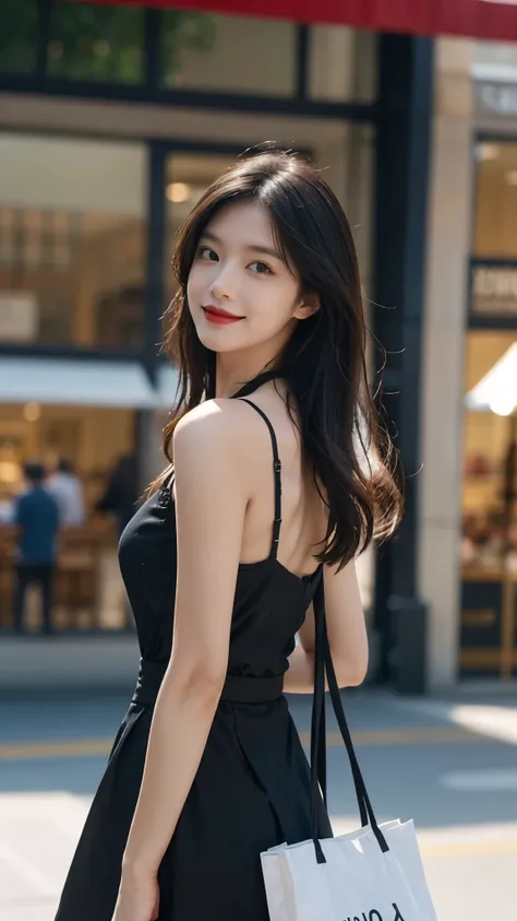 A perfect young female white-collar worker，Chinese，High picture quality，Works of masters，Black hair，Long hair flowing over the shoulders，cropped shoulders，clavicle，exquisite face，Hydrated red lips，，Real Human，（ shopping mall background：1.5），CG rendering，16...