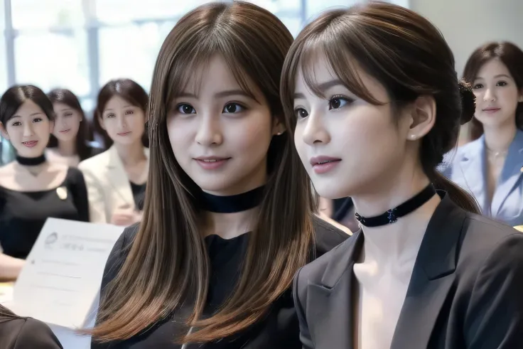 最high quality, masterpiece, ((Group of young Japanese businesswomen discussing at a meeting, collaborative, Bright lighting, Morning sunlight, Corporate event photography), Swetha、Light blue uniform、high quality、Photorealistic、healthy、Smiling face、Slim and...