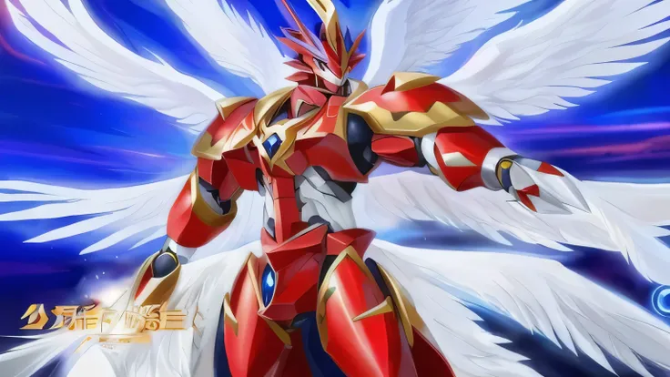 a close up of a red and gold robot with wings, gurren lagan, greek god in mecha style, super robot wars, concept art of omegamon...