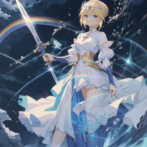 Anime girl in a dress holding a sword and a rainbow, Artoria Pendragon, Beautiful fantasy anime, Kschaert Krentz Key Art Feminine, Anime Style 4k, High quality anime art style, Fantasy art style, Alicization, Anime fantasy artwork, anime art wallpaper 4k, ...