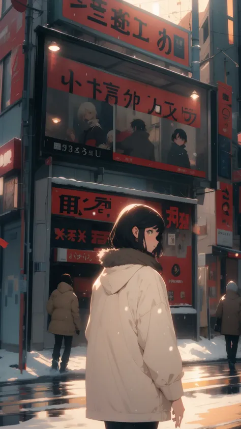 an illustration of an girl adolescent with short black hair, dressed in a winter outfit of beige and olive clothes, walking down a snowy street lined with glowing billboards and passing cars. the scene is high contrast, with the character looking around in...