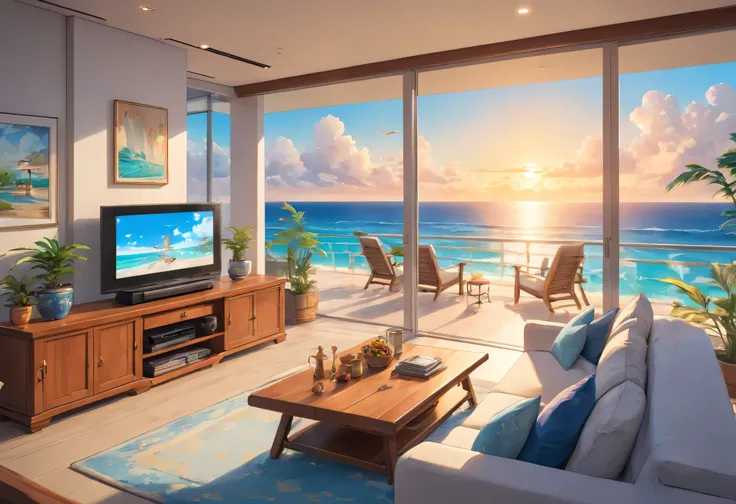 Beautiful oceanfront beachfront condo in white color with blue and grey accents. The living room has large windows that look out over the balcony overlooking the beautiful sunset view on the Gulf Coast in Mexico. In the foreground is an open area with some...