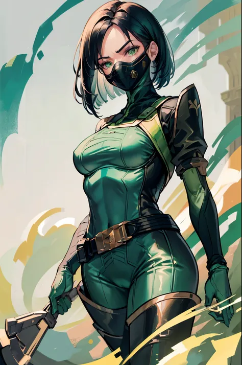 (masterpiece, best quality:1.2), expressive eyes, perfect face, highres, 1girl, solo, valorantViper, green eyes, bodysuit, gloves, belt, thigh boots, respirator, mask, green gas, frown, standing, upper body portrait, looking at the viewer