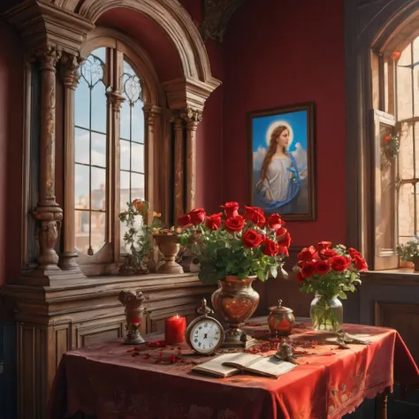 masterpiece, Realistic photography, a lot of details, calm pastel colors, The copper pendulum of a large old clock glitters in the sun falling from the window, one red rose lies on the table, pot with forget-me-nots, the lights of a sun, (((portrait of a w...