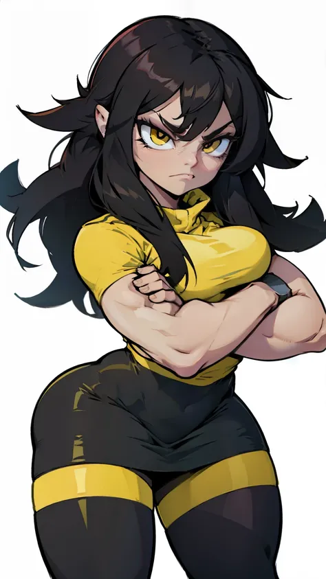 pale angry muscular girl thick breast black hair yellow eyes long hair hair between eyes pantyhose thick thick