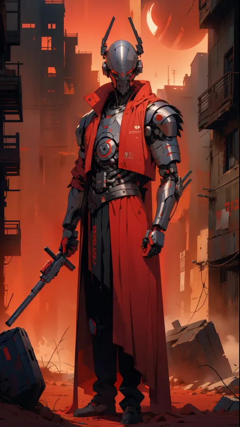 derpd, lethal cyborg assassin wearing robes armor, danger, red sky,post apocalypse 