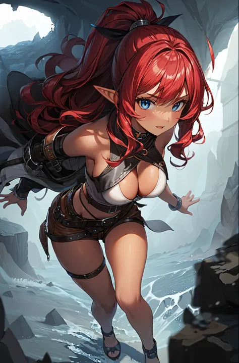 1 young elf woman, (((solo))), long hair, (((red hair))), ponytail, black hair tape, (((tanned skin))), (((blue eyes))), (((bangs))), (((medium breasts))), ((elf woman)), (((short shorts))), (((leather shorts))), (((brown shorts))), (((white top))), (((bel...