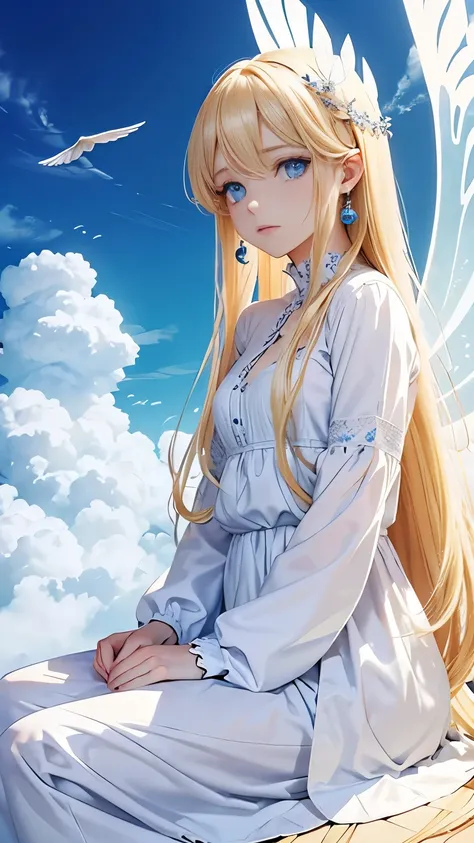 a fairy，long hair，blonde，blue eyes，jewelry，earrings，(it has large white wings on its back.)，wearing white clothes，(sitting on a ...