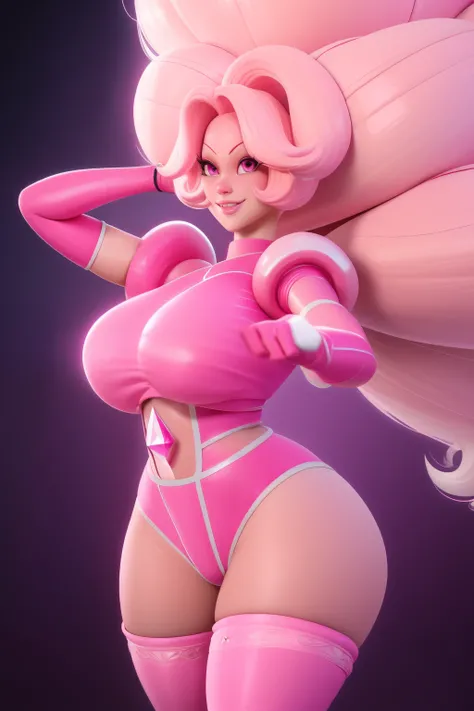 pnkdamond, pink hair, pink eyes,  big hair,  stomach gem,  pink skin,  toned, 
puffy short sleeves, elbow gloves ,  white thighhighs,   puffy dress, 
standing, upper body, 
 outerspace,  
(insanely detailed, beautiful detailed face,beautiful detailed eyes,...