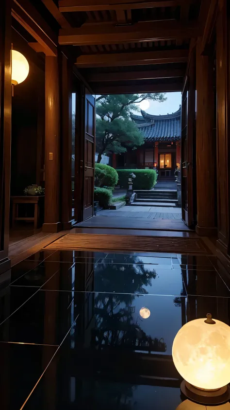 ancient chinese architecture enveloped in the silence of midnight、a hall with a tranquil garden as a backdrop々standing there。the...