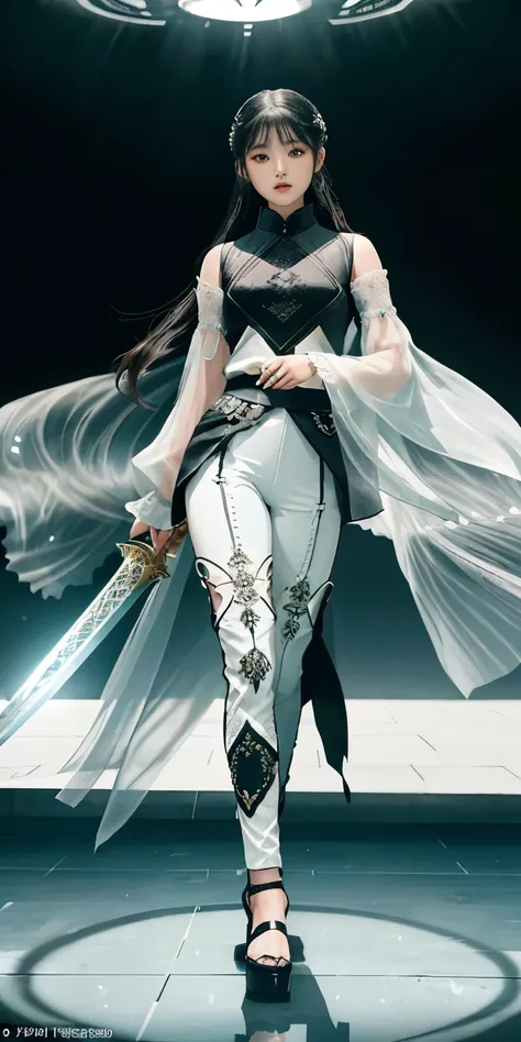 (full body shot: 1.25). A girl wearing black combat suit inspired by furisode and ornate gothic armor, high slit and white (leggings:1.14) accentuating her beautiful thigh. A 17-years-old ethereal breathtakingly glamorous korean girl, black hair, long pony...