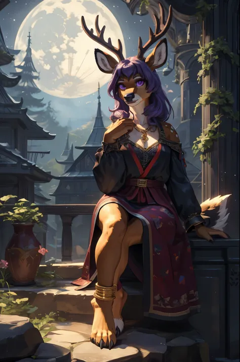 (((Barefoot furry character, full body, cinematic setting, furry female, plantigrade, golden anklets))) 

graceful and enigmatic ((deer)) anthro with deep ((purple fur)) and captivating ((violet eyes)). Dressed in flowing, dark robes with belladonna flower...