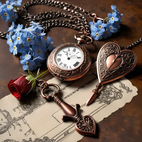 old style copper pendulum, on one side are forget-me-nots, on the other side there is one rose, pocket watch, against the background of a photograph of a woman and a drawing of an anatomical heart and drops of blood on paper, steel sharp dagger