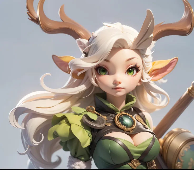 （Image of a female deer，White hair，Deer feet，Animal hair，Green clothes）Refinement，European and American cartoons，of lights,Clear structure（8K，Optimal quality，masterpiece：1.2），Ultra Detailed，Optimal quality，Ultra-high resolution，Professional lighting，Photon...