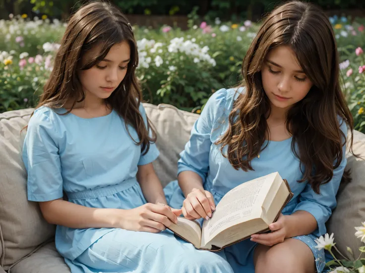 Christian girl reading the Bible surrounded by flowers wearing light blue dress wavy brown hair with a brown dog