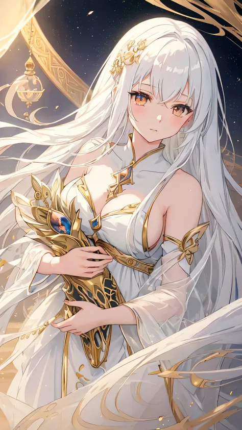 "Create a visually captivating anime-style masterpiece featuring a beautiful girl with long, translucent white hair. She is cradling an hourglass, symbolizing the spirit of time. The setting is an infinite desert, with sands endlessly falling around her, e...