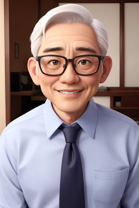 Self-employed CEO in his 60s。A shaved Japanese man wearing glasses and a tie。