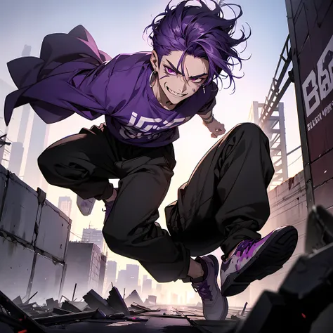 Evil man with purple hair, scar on his face, cube earrings, shiftless, black sweatpants, jumping about to throw a punch, blood on his face, blood on his body, aura of purple energy around him, evil smile, scenery of a destroyed city, (detailed eyes, eyes e...