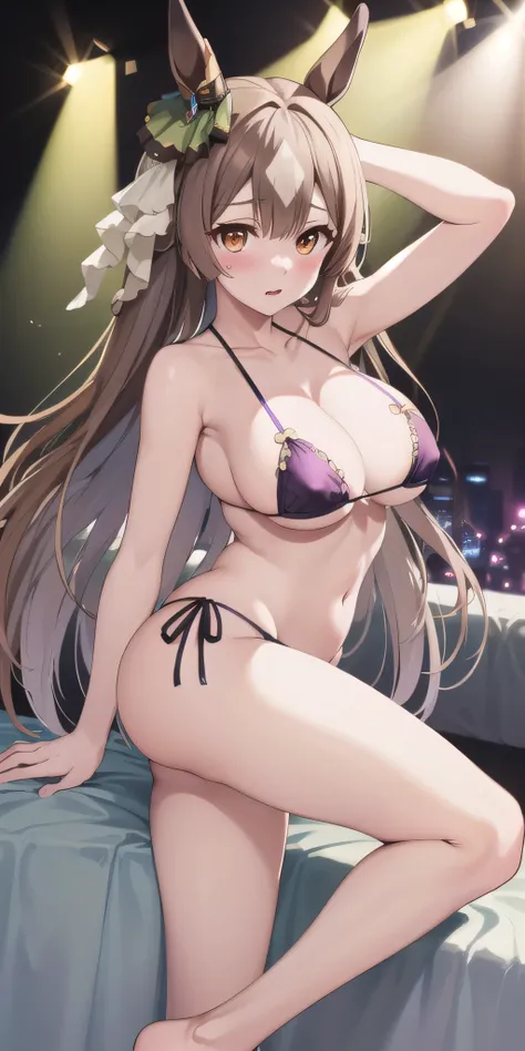 masterpiece, highest quality, close, Face shot, (Umamusume),((Purple micro bikini))、sit、Leg spread、semen、Mansuji、On the bed、Low - Angle、(((Big Breasts)))、Nightclub、Embarrassed、1st from the bottom.3