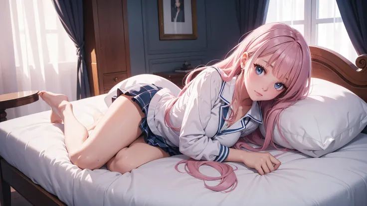 Official Art、Highest quality ultra-detailed CG art、The most beautiful girl in the world：１.２）、Sayla Uniform、Pink Hair、room、young、cute、Transparent white skin、10 years old、blue eyes、Thin eyebrows、