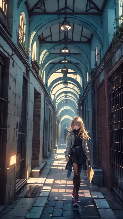 (highest quality, High resolution, Vibrant colors, Realistic), (Inside a giant maze made from a pool), 1 girl, 20-year-old female, Wear military-style clothing, Short Blonde, Finding your way through the maze, Mysterious lighting, 非Realisticな雰囲気, The yello...