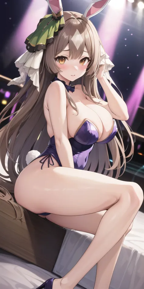 masterpiece, highest quality, close, Face shot, (Umamusume),((Purple Bunny Girl))、sit、Leg spread、semen、Mansuji、On the bed、Low - Angle、(((Big Breasts)))、Nightclub、Embarrassed、1st from the bottom.3