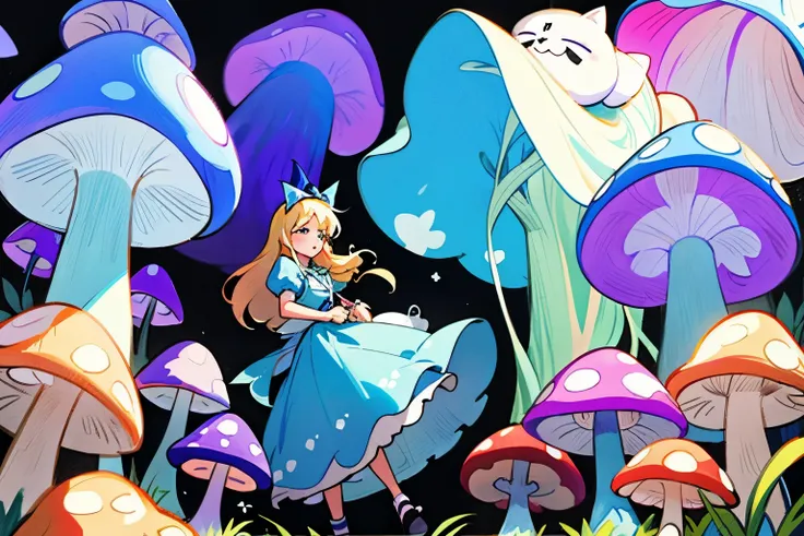 Alice in Wonderland、Blonde and long hair、Black ribbon in hair、Light blue and white dress、Lots of big mushrooms in the background、Purple Cat