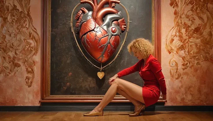 The copper pendulum of a large old clock glitters in the light, a 45-year-old woman in red with short blond curly hair stands with her legs spread and squatting, ((anatomical drawing of a human heart on the wall)), masterpiece, realistic photography, a lot...