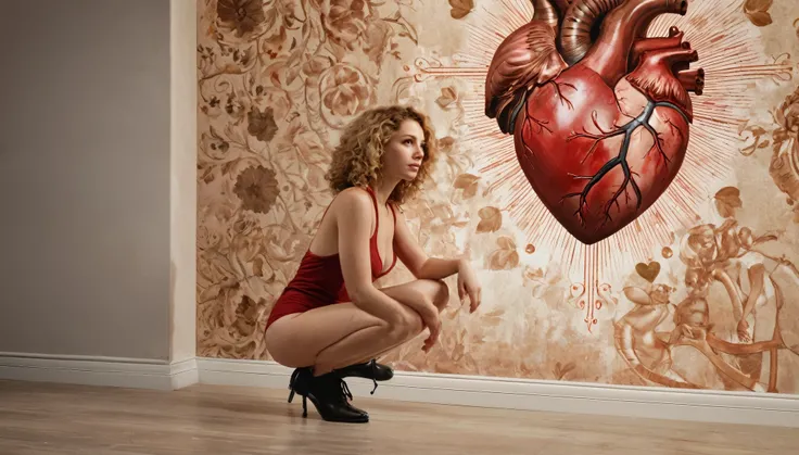 The copper pendulum of a large old clock glitters in the light, a 45-year-old woman in red with short blond curly hair stands with her legs spread and squatting, ((anatomical drawing of a human heart on the wall)), masterpiece, realistic photography, a lot...