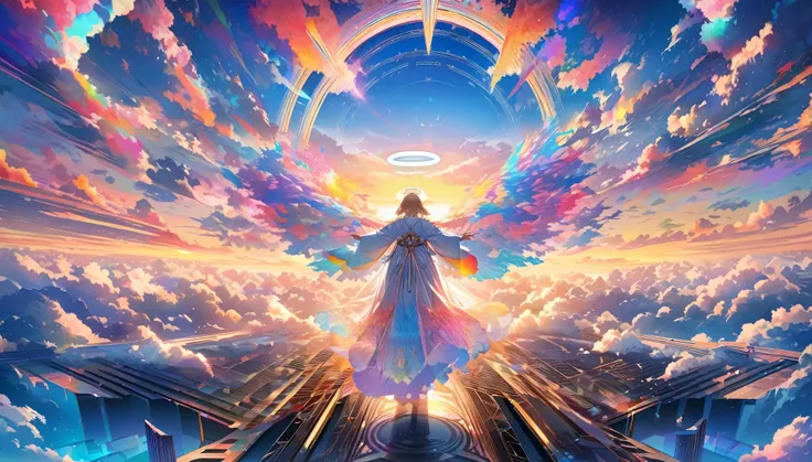 (angelic,detailed woman with outstretched arms,woman wearing a robe,a halo of angels above the woman,vast celestial temple with open columns and a floor,sunrise,horizon,in the sky,sea of clouds,colorful,high-res,8K)