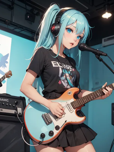 ((masterpiece, best quality))1 Girl, Solitary, Black skirt, blue eyes, electric Guitar, Guitar, earphone, Double tail, Keep, Keep plectrum, Musical Instruments, Long hair, music, one side up, cyan hair, Double tail, 弹Guitar, Pleated Skirt, Black shirt, Int...