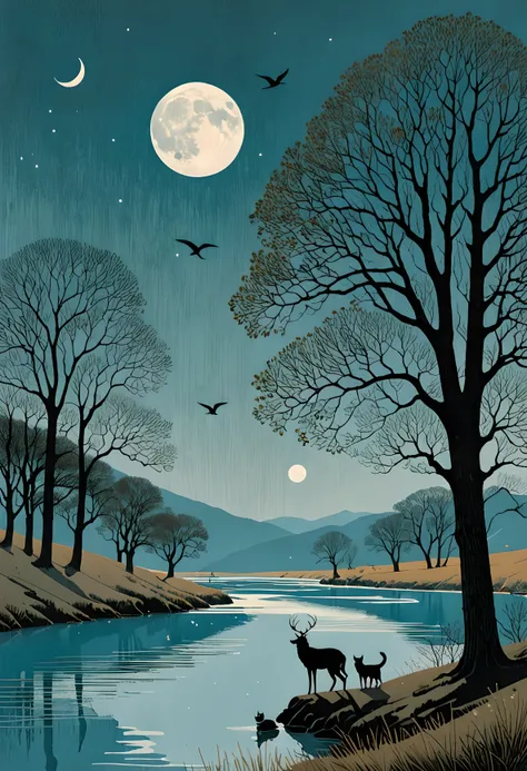 style by Alessandro Gottardo and Angie Lewin, a man with a gentle brown beard in a black sweater stands over a blue river against the backdrop of the moon under a large oak tree. around on the hills 3 cranes 3 cats 3 dogs, Blizzard, Expressionism, stylized...