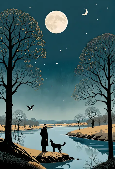  by Alessandro Gottardo and Angie Lewin and Angela Barrettstyle, a man with a gentle brown beard in a black sweater stands over a blue river against the backdrop of the moon under a large oak tree. around on the hills 3 cranes 3 cats 3 dogs, Blizzard, Expr...